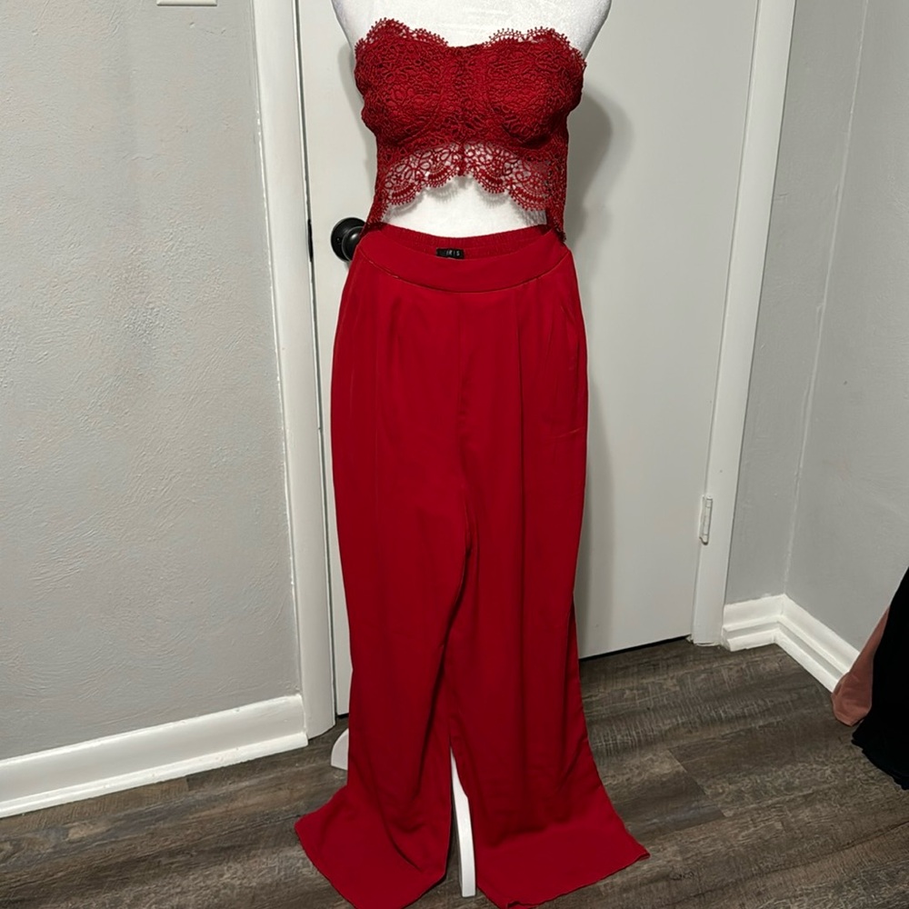 Red pants suit